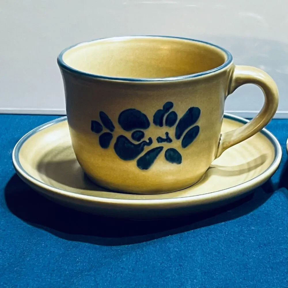 Set of 2 Vintage Pfaltzgraff Folk Art Flat Cup and Saucer Tan Stoneware Blue Flo
